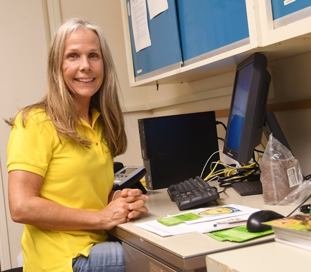 Wendy Mather, program manager of the California Master Beekeeper Program, at her office in the Harry H. Laidlaw Jr. Honey Bee Research Facility. (Photo by Kathy Keatley Garvey)