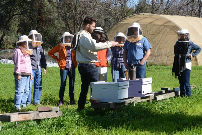 Charley Nye, manager of the Harry H. Laidlaw Jr. Honey Bee Research Facility, talks to beginning beekeepers. (Photo by Kathy Keatley Garvey)