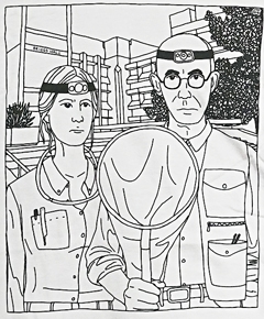 This is a close-up of Jill Oberski's rendition of the American Gothic: entomologists with nets instead of farmers with pitchforks.