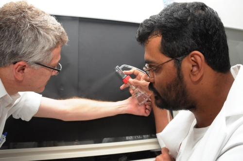 UC Davis researcher Zain Syed (right) sprays DEET on the arm of chemical ecologist Walter Leal. (Photo by Kathy Keatley Garvey)