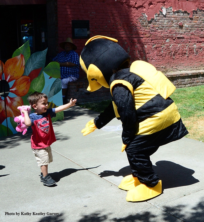 This little boy eagerly thrusts out his hand as he meets Ms. Queen Bee. (Photo by Kathy Keatley Garvey)