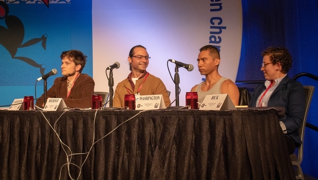 This is the University of California Linnaean Games Team competing at the 2018 meeting of the Entomological Society of America. From left are Zachary Griebenow and Brendon Boudinot of UC Davis, captain Ralph Washington Jr. of UC Berkeley, and Emily Bick of UC Davis. They won the national championship. (ESA Photo)