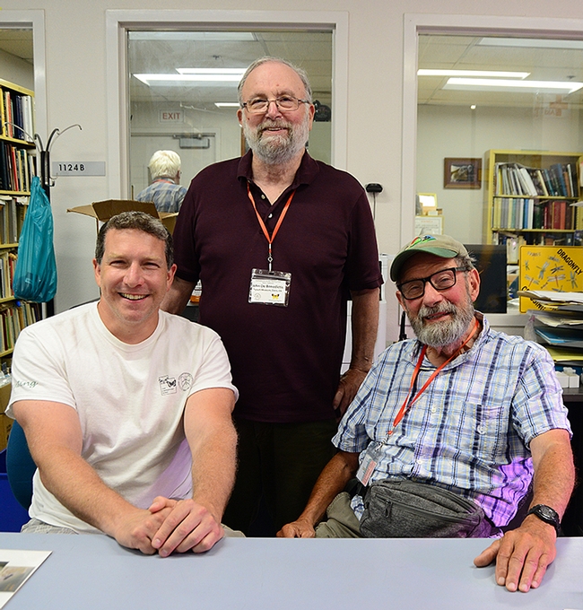 These three entomologists were trained directly or indirectly by Jerry Powell of UC Berkeley. From left are Dan Rubinoff, John De Benedictus, and Paul Opler. (Photo by Kathy Keatley Garvey)