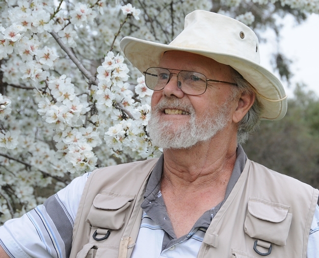 Robbin Thorp by an almond tree on Bee Biology Road. (Photo by Kathy Keatley Garvey)