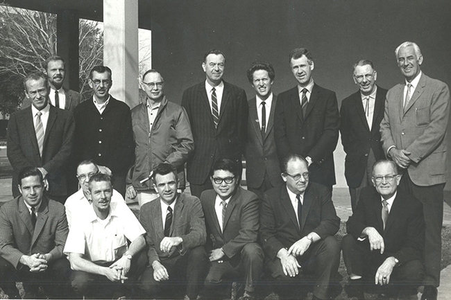 The UC Davis Department of Entomology, Feb. 3, 1970. In front (from left) are Dick Bushing, Frank Summers, Bob Schuster, Al Grigarick, Bob Washino, Harry Lange and Harry Laidlaw. In back (from left) are Charles Judson. Robbin Thorp, Vern Burton, Elmer Carlson, Oscar Bacon, Frank Strong, Don McLean, Ward Stanger and Ed Loomis. Among faculty not pictured: Stanley F. Bailey, R. M. Bohart, Warren R. Cothran, Norman Gary, G. A. H. McClelland, Howard McKenzie and Gene Stafford.