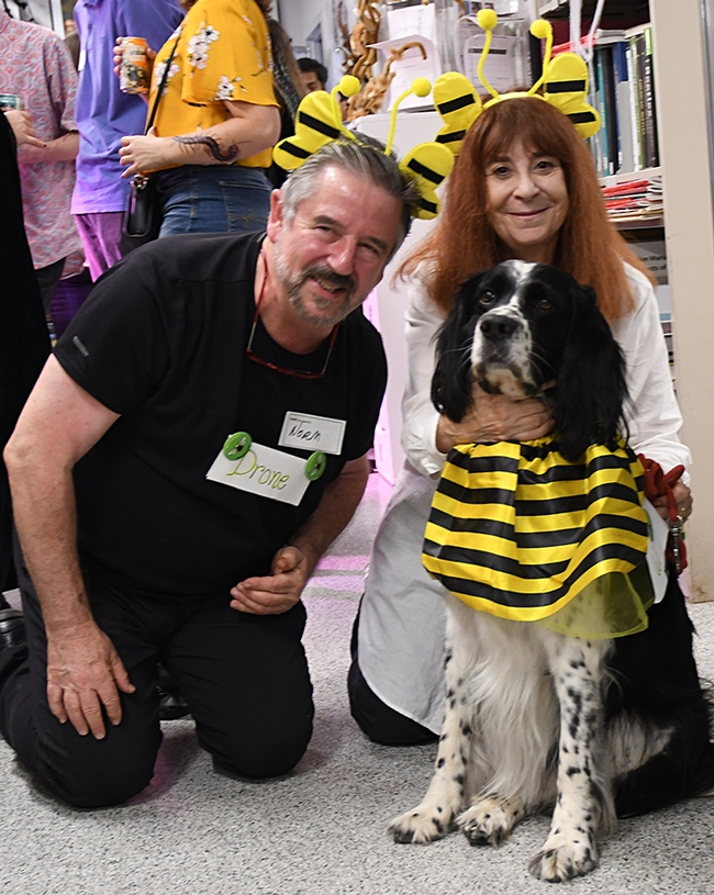 The bee family: drone Norman Gershenz, queen bee Leslie Saul-Gershenz, and their pooch, a worker bee. (Photo by Kathy Keatley Garvey)