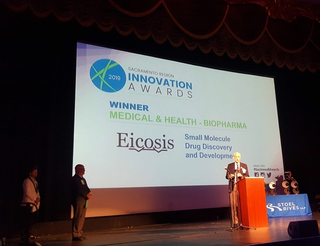 This was the scene at the Sacramento Region Innovation Awards program when EicOsis was  named winner of the medical and healthy/biophrmaceutical category. Pictured is William Schmidt, Ph.D, in charge of clinical development for EicOsis. (Photo courtes of Robb Wright)