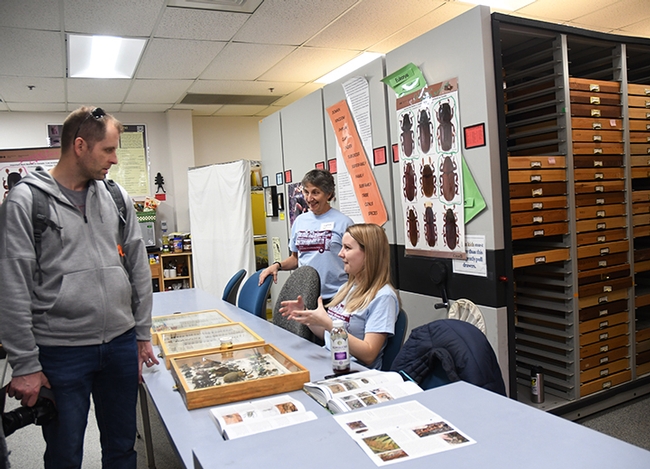 Lynn Kimsey, (standing), director of the Bohart Museum of Entomology, and Crystal Homicz, a doctoral student in forest entomology, show beetles to a  visitor. (Photo by Kathy Keatley Garvey)