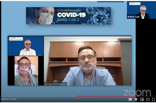 A screen shot of Riverside pulmonary specialist Anoop Maheshwari, relating his story about his near-death experience as a COVID-19 patient. In the background is organizer-moderator Walter Leal, UC Davis distinguished professor.
