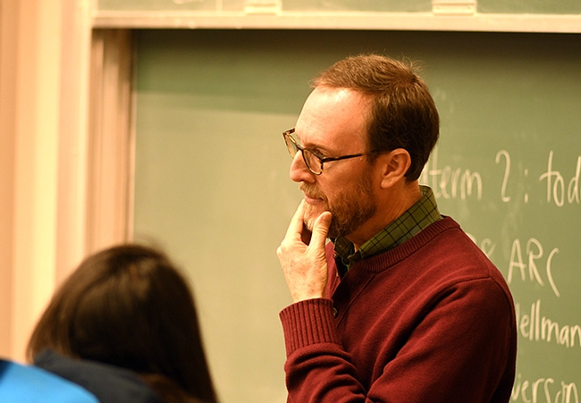 An outstanding teacher, UC Davis Distinguished Professor Jay Rosenheim answers a question in this classroom photo taken in February 2018. (Photo by Kathy Keatley Garvey)