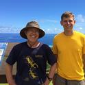 UC Davis emeritus professor Hugh Dingle, wearing a Bohart Museum t-shirt, and then doctoral student Micah Freedman, did monarch research on Guam.