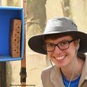 UC Davis doctoral student Clara Stuligross by her blue orchard bee nests in the spring of 2018. (Photo by Kathy Keatley Garvey)