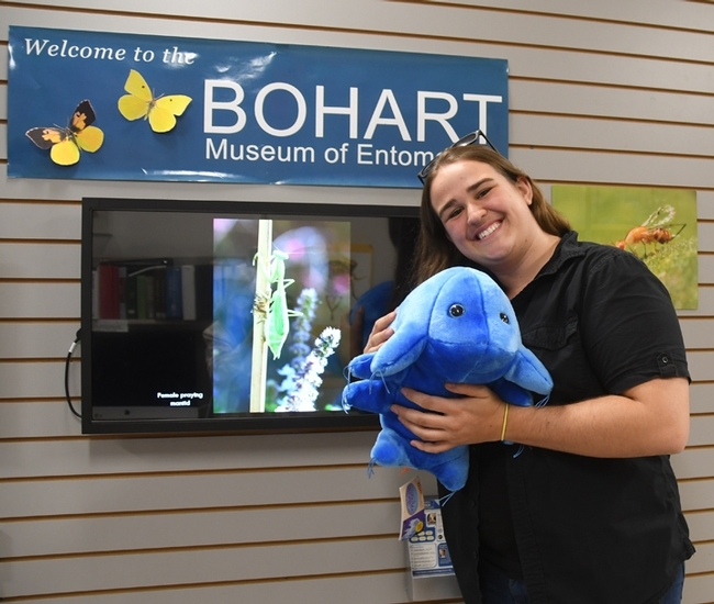 Bohart associate Emma Cluff with a tardigrade (water bear) stuffed animal for sale in the Bohart Museum gift shop. (Photo by Kathy Keatley Garvey)