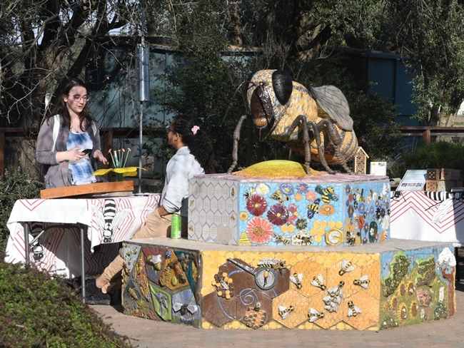 Miss Beehaven, a sculpture of a worker bee by artist Donna Billick of DAvis, anchors the Häagen-Dazs Honey Bee Haven on Bee Biology Road, part of the UC Davis Department of Entomology and Nematology. (Photo by Kathy Keatley Garvey)
