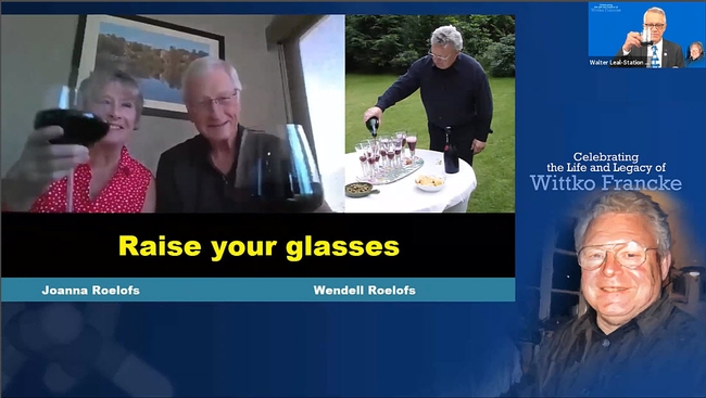 Chemical ecology icon Wendell Roelofs, emeritus professor, Cornell University, and his wife, Joanna, lead a toast to the late Wittko Francke as others join in. (Screenshot)