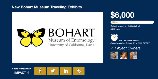 The Bohart Museum of Entomology surpassed its goal of $5000 and gratefully received $6000. (Screen shot)