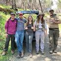 Five members of Jason Bond lab at the UC Quail Ridge Reserve, Napa County. From left are Lacie Newton, Xavier Zahnle, Emma Jochim, Lisa Chamberland, and Jim Starrett. Not pictured are the newest lab members Iris Bright and Megan Ma.