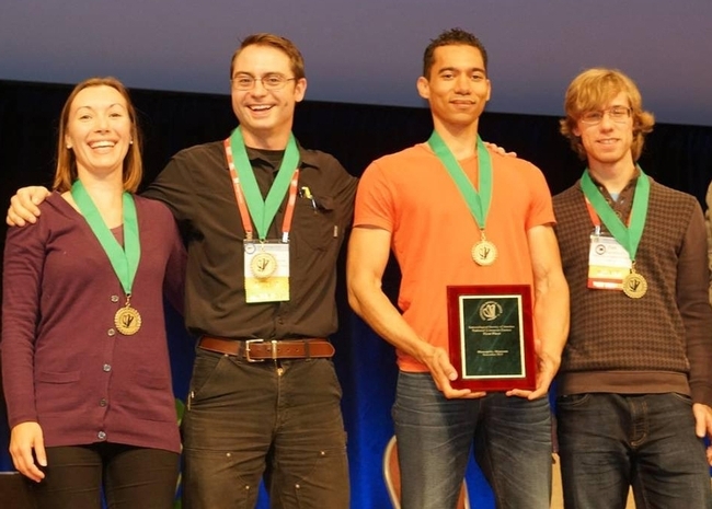 Ziad Khouri (far right) was a member of the UC Davis team that won the national Linnaean (now Entomology) Games at the 2015 Entomological Society of America meeting. With him (from left) are Jessica Gillung, Brendon Boudinot, and captain Ralph Washington Jr. (Photo by Matthew Chism)