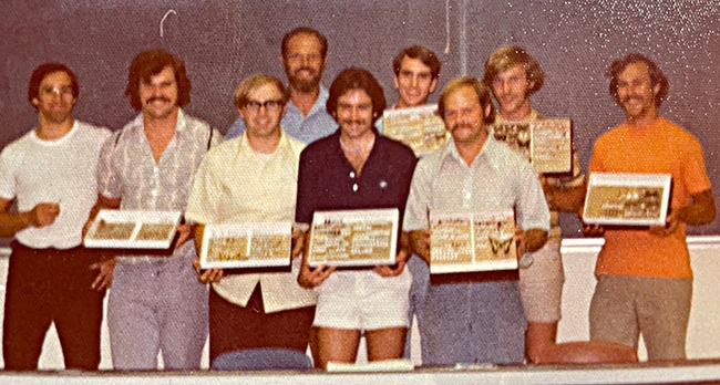 This image from a spring 1975 class taught by UC Davis entomology professor Robbin Thorp (back row, far left) shows students showing their collections.  Gary Lamberti points out he is in the front row, second from right 