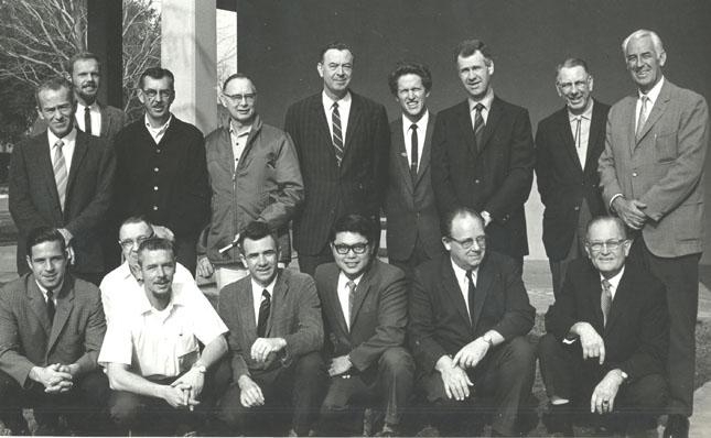 UC Davis entomology faculty in 1979 included (front, from left) Dick Bushing, Frank Summers, Bob Schuster, Al Grigarick, Bob Washino, Harry Lange and Harry Laidlaw. In back are Charles Judson, Robbin Thorp, Vern Burton, Elmer Carlson, Oscar Bacon, Frank Strong, Don McLean, Ward Stanger and Ed Loomis.