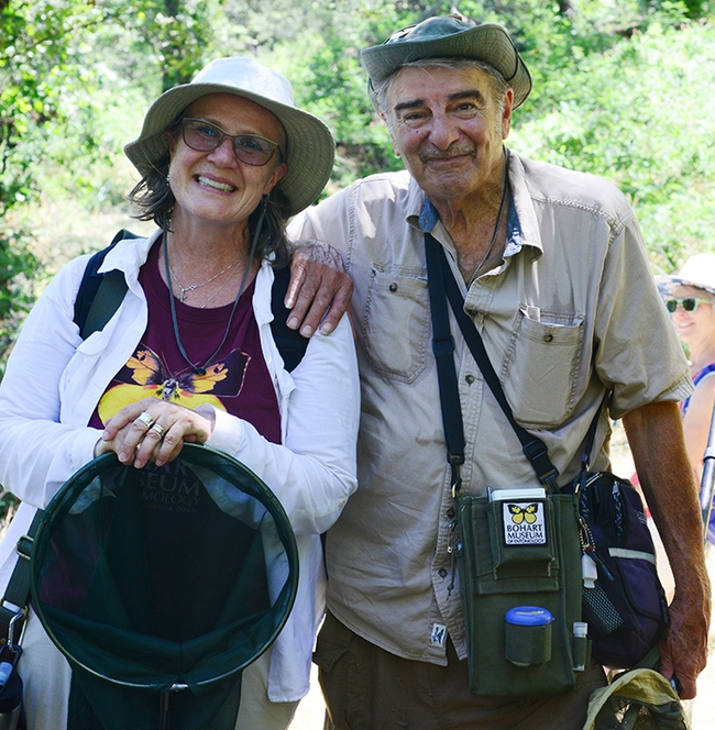 Professor Fran Keller of Folsom Lake College and Bohart associate-naturalist Greg Karofelas at the Auburn preserve where the dogface butterfly thrives. (Photo by Kathy Keatley Garvey)