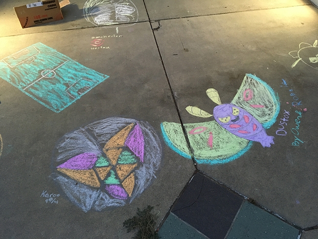 A few of the colorful moths depicted in chalk in front of the Bohart Museum of Entomology. (Photo by Tabatha Yang)