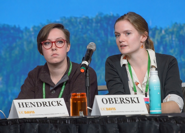 UC Davis doctoral candidate Jill Oberski (right) answers a question in the preliminaries, while teammate UC Davis doctoral candidate Madison Hendrick listens. (Photo courtesy of ESA)