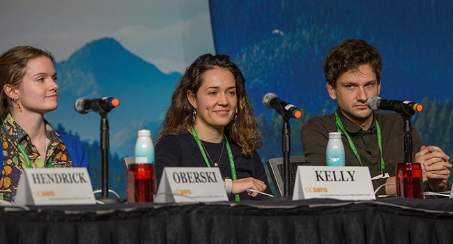 UC Davis doctoral candidates (from left) Jill Oberski, Taylor Kelly and Zach Griebenow react to a question. (Photo courtesy of ESA)