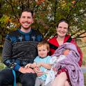 UC Davis entomology doctoral candidate Charlotte Herbert Alberts with her husband, George, son Griffin, then 2.5, and Marcy, then a week old. (Image taken Oct. 28, 2022)