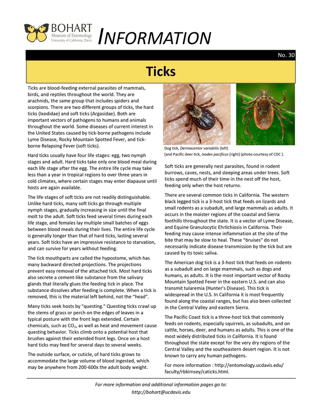 Fact sheet on ticks, written by Lynn Kimsey, director of the Bohart Museum  of Entomology