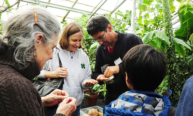 Ernesto Sandoval, manager and curator of the UC Davis Botanical Conservatory, talks to visitors. (Photo by Kathy Keatley Garvey)