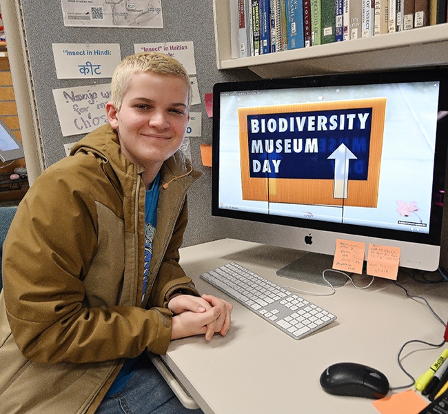 First to donate to the UC Davis Biodiversity Museum Day's crowdfunding effort was Jakob Jess, a MET Sacramento High School interning at the Bohart Museum of Entomology. He is currently lending his video/computer/website skills to the UC Davis Biodiversity Museum Day project. (Photo by Kathy Keatley Garvey)