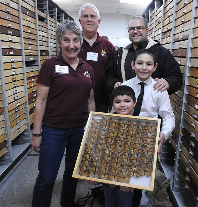 Michael Silva (back at right), a biotechnology professor at Solano Community College and a member of the Vacaville City Council, recently visited the Bohart with his sons Jovanni, 12, and Benjamin, 6. With them are Lynn Kimsey, director of the Bohart Museum and Lepidoptera collection curator Jeff Smith. (Photo by Kathy Keatley Garvey)