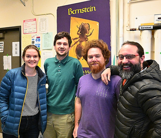 Meet The Ant People (Myrmecologists) from the Phil Ward lab at UC Davis. From left are doctoral candidates Jill Oberski and Zach Griebenow; graduate student Ziv Lieberman; and alumnus Brendon Boudinot. (Photo by Kathy Keatley Garvey)