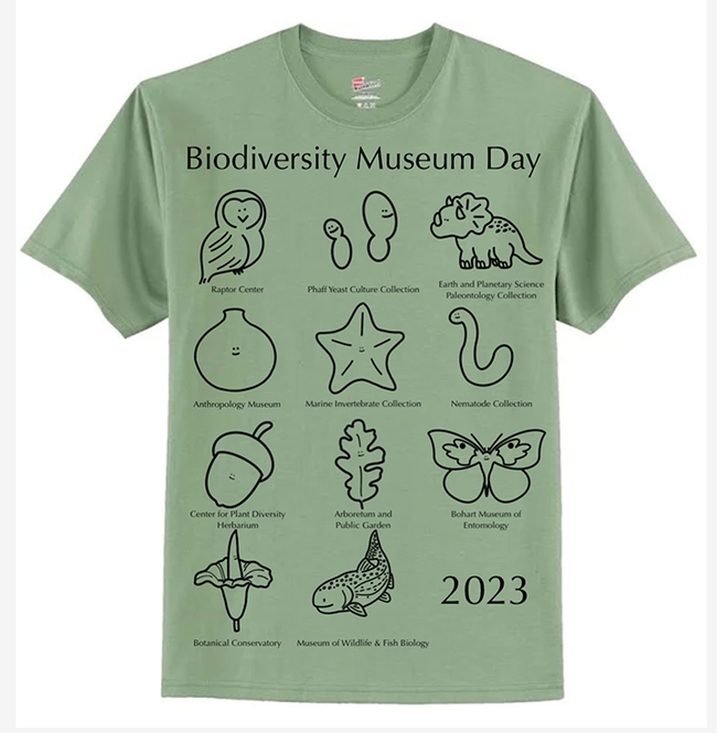 The 11 museums and collections participating in the 12th annual UC Davis Biodiversity Museum Day are depicted in logos on the volunteer t-shirt.