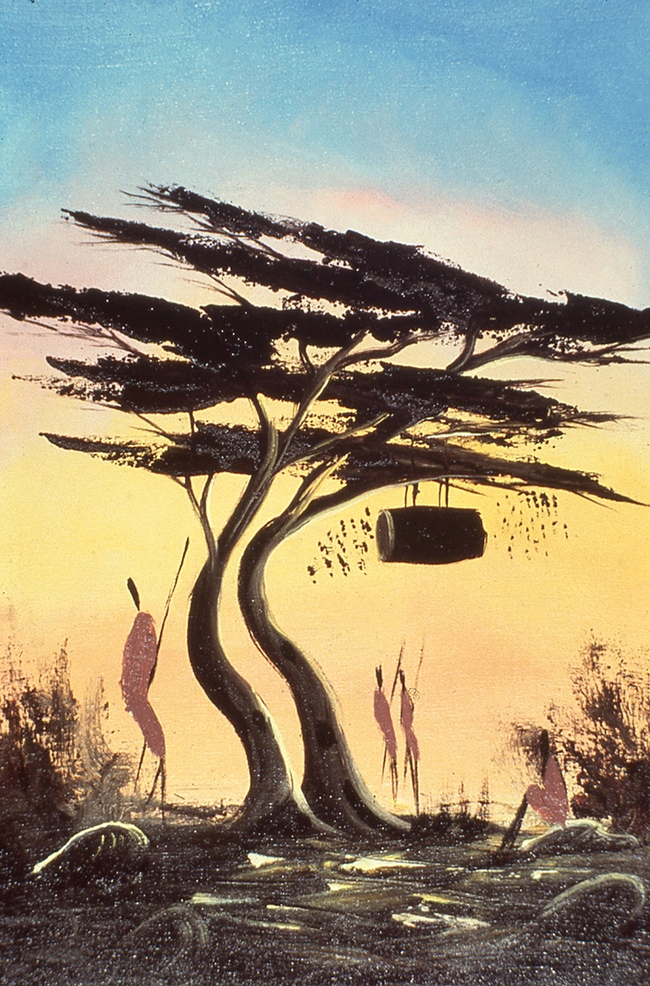This image is of a painting of a log hive that Cornell professor Roger Morse purchased in a market in Kenya in the 1970s. (Photo courtesy of Thomas Seeley)