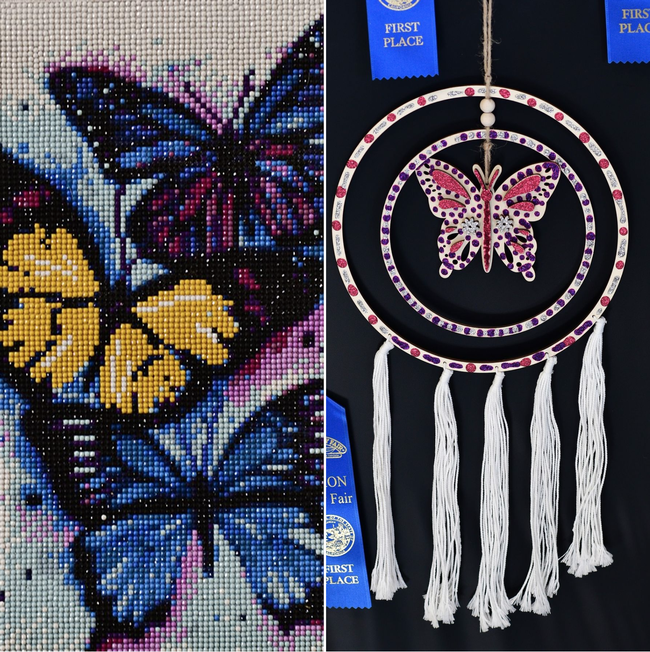 Two youth exhibitors entered these wall hangings: at left is the work of Regan Van Tuyl, 13, of Dixon, and at right, work of Elizabeth Martinez, 14, of Elk Grove. (Photos by Kathy Keatley Garvey)