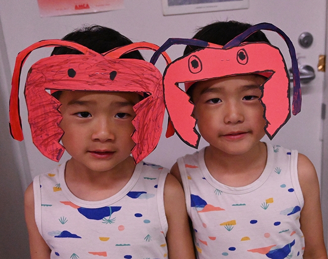 Five-year-old twins Lucas and Logan Cheuk of Woodland created these striking hats. (Photo by Kathy Keatley Garvey)