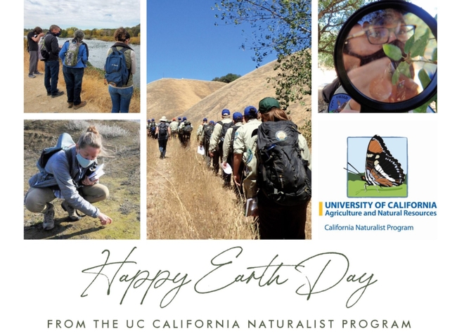 Happy Earth Day Greetings collage from the California Naturalist program featuring people enjoying nature outdoors.
