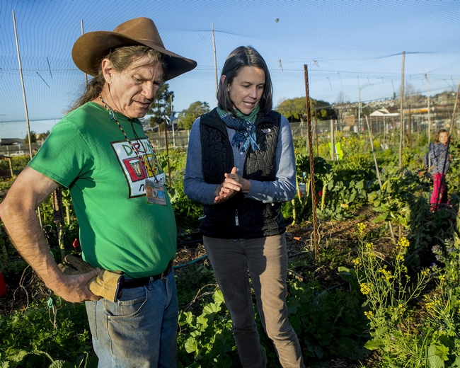 Jennifer Sowerwine discusses plantings with Jon Hoffman, farm manager of the UC Gill Tract Community Farm in Albany. PHOTO: Saul Bromberger