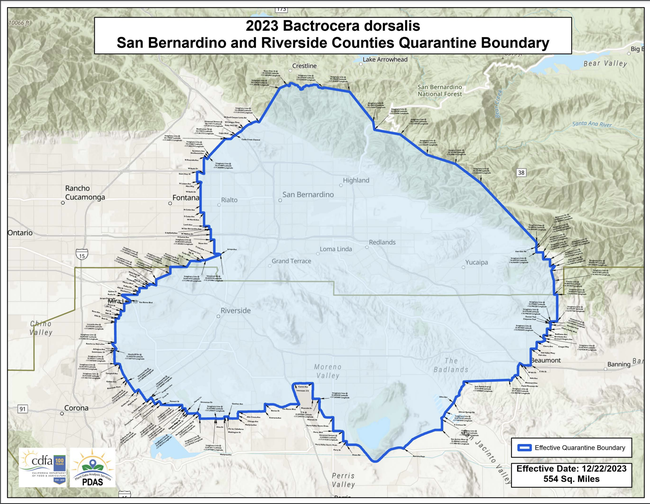 En el mapa se muestra el área que en los condados de San Bernardino y Riverside se encuentra bajo cuarentena.