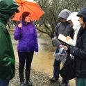 Helen Dahlke (center) talks groundwater recharge with colleagues and journalists in the field. Photo by Pam Kan-Rice.