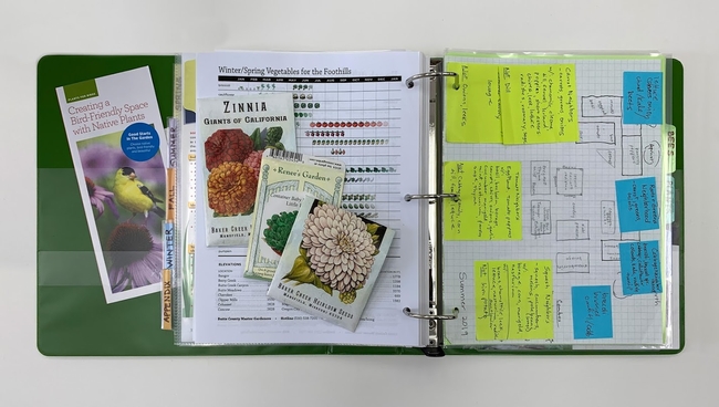 Garden Guide in binder with seed packets and vegetable chart, Laura Kling
