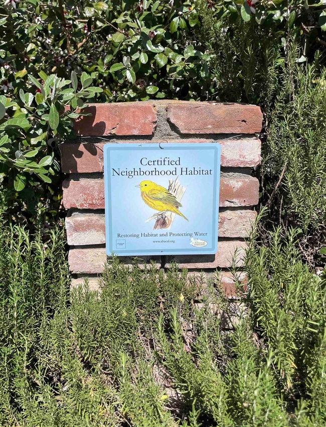 Certified Neighborhood Habitat Sign on display, often a conversation topic to passersby, Carla Resnick