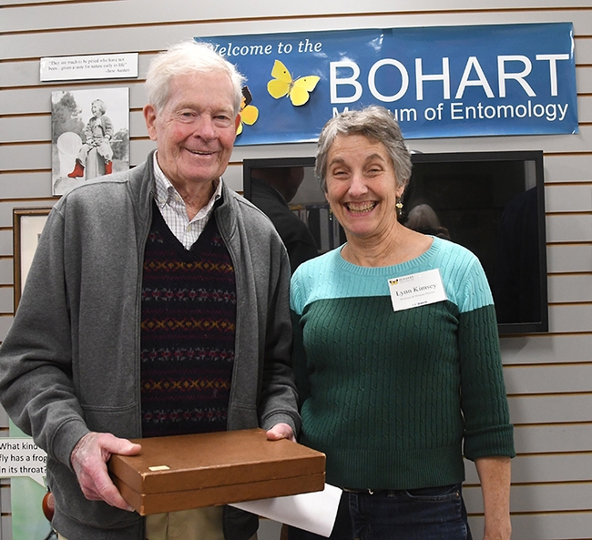 Jerry Powell, longtime director of the Essig Museum of Entomology, UC  Berkeley, with Lynn Kimsey, director of the Bohart Museum of Entomology, at a Lepidopterist Society gathering at the Bohart on Feb. 9, 2019. (Photo by Kathy Keatley Garvey)
