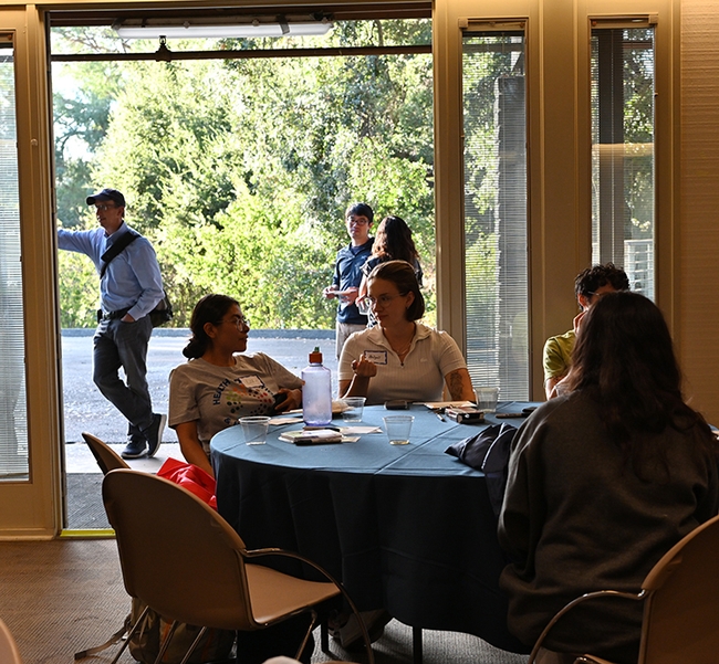The department's fall social at the Putah Creek Lodge was a time to meet and greet faculty, graduate students and staff. (Photo by Kathy Keatley Garvey)