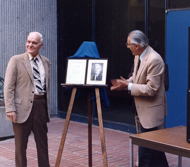 UC Davis Chancellor James Meyer (right) congratulates Professor Richard Bohart at the museum dedication in 1986. The chancellor died in 2002 and Bohart in 2007.