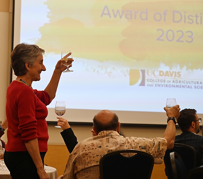 A toast to the honorees! UC Davis distinguished professor Lynn Kimsey hold up her glass in a salute to the honorees. (Photo by Kathy Keatley Garvey)