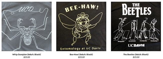 Some of the T-shirt designed  by members of the UC Davis Entomology Graduate Student Association. The shirts are for sale on the EGSA website.