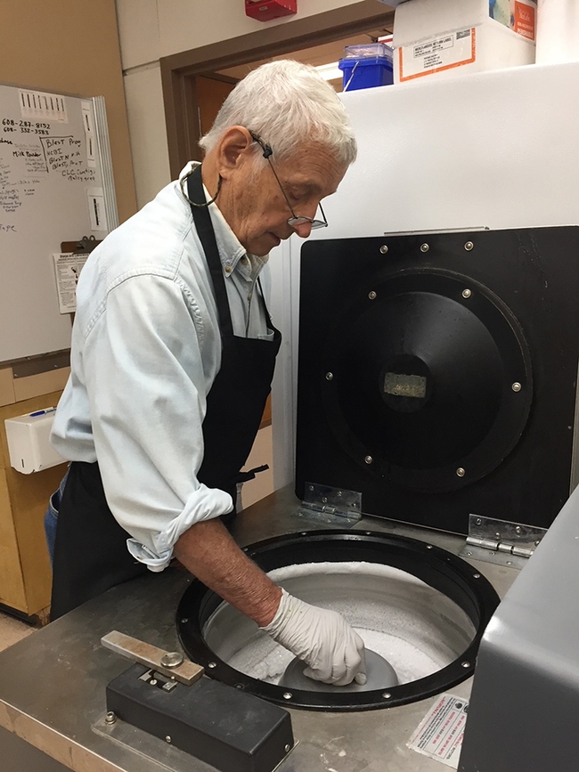 The late emeritus professor Thomas German of the University of Wisconsin at a centrifuge. German, second author of the paper, died Aug. 27, 2023 before the publication in PNAS.